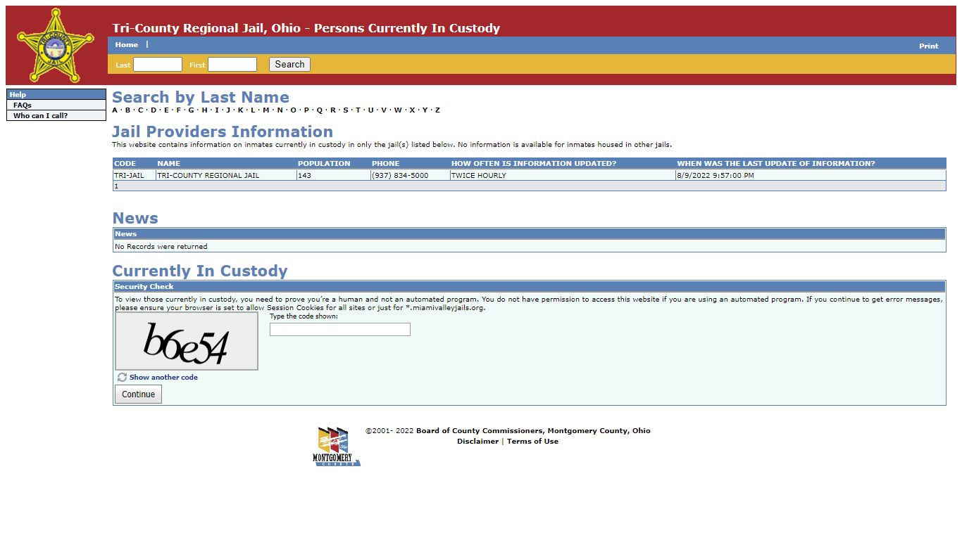 Tri-County Regional Jail, Ohio - Persons Currently In Custody